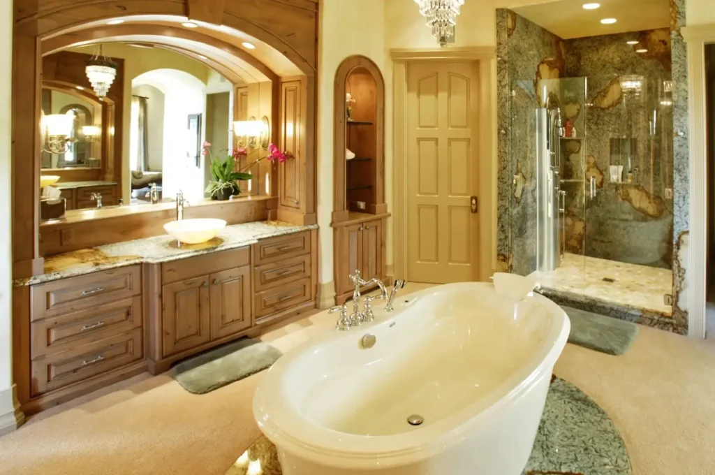 Luxurious bathroom with tub and shower.