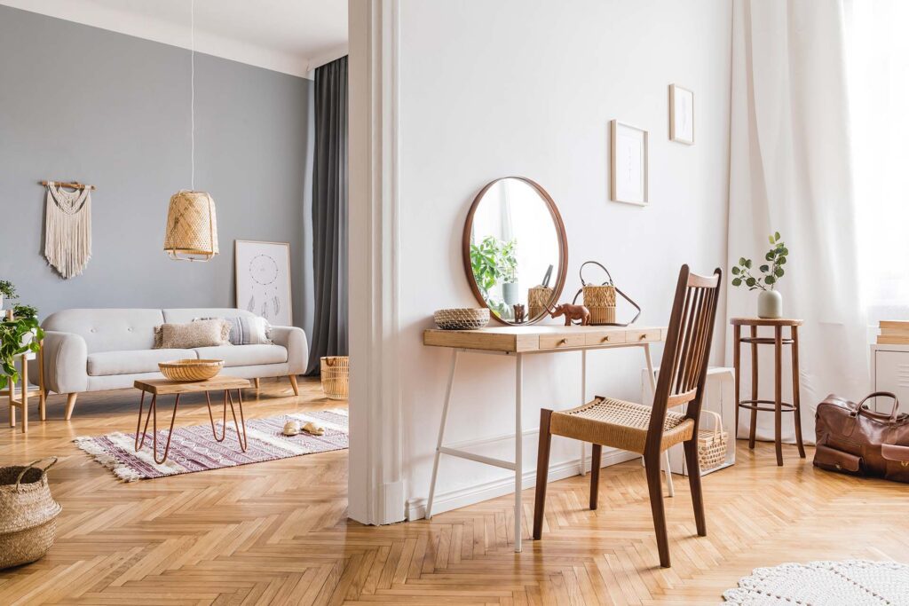 Bright, cozy living room with wooden furniture.