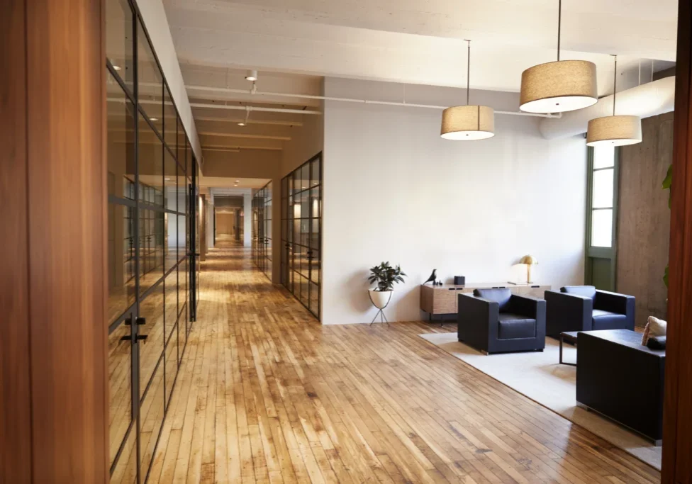 Modern office interior with wooden flooring